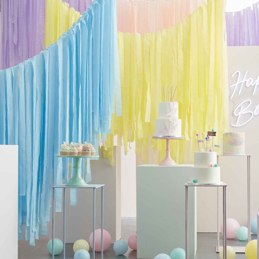 Ginger Ray, pastel streamers, party décor, streamer backdrop, multicoloured streamers, ceiling kit, pastel party decorations, event backdrop, crepe paper streamers, party setup, pastel yellow streamers, pink streamers, blue streamers, lilac streamers, party supplies, event decoration