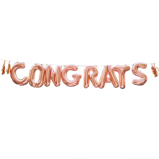 rose gold congrats balloon banner, engagement celebration decor, anniversary party balloon letters, rose gold foil balloons, festive congratulations banner, celebratory balloon decorations, milestone party banner, easy-to-assemble balloon decor, party decorations with tassels, foil balloon banner for events, elegant congratulations party decor, stylish engagement party decorations, rose gold party decor Australia, event banner with balloons, congratulatory message banner, anniversary decor, engagement party