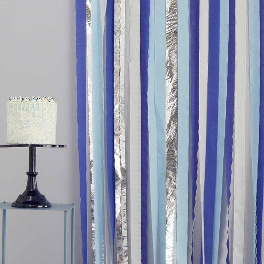 Ginger Ray streamer backdrop, multicoloured crepe paper backdrop, 110m streamer decoration, pastel blue and navy streamers, cream and silver party streamers, party backdrop decor, versatile event decoration, Ginger Ray party supplies, fishing line streamer assembly, pastel and metallic party decor, birthday party streamers, wedding backdrop supplies, event decor Australia, blue and silver streamers, baby shower party backdrop, party wall decorations, Ginger Ray event supplies, party streamer pack, 110m crep