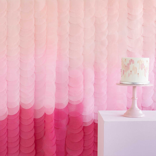 Ginger Ray pink ombre backdrop, tissue paper disc backdrop, 2m x 2m pink ombre backdrop, Ginger Ray party supplies, wall decoration backdrop, pink event backdrop, party backdrop for birthdays, baby shower wall decor, wedding photo backdrop, ombre tissue paper strands, hanging party backdrop, pink gradient backdrop, Ginger Ray event decor, photo corner backdrop, pink disc wall decoration, tissue paper party decor, 2m event backdrop, Ginger Ray tissue paper decor, party supplies Australia, hanging backdrop fo