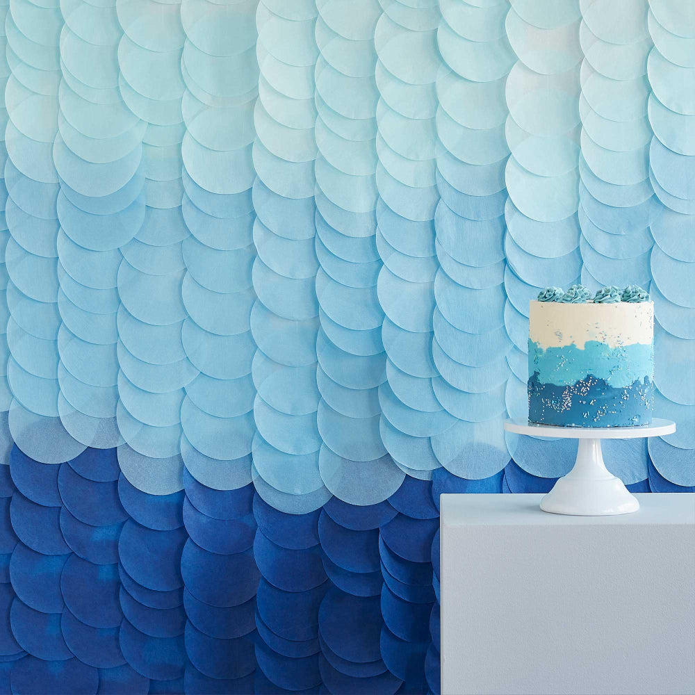 Ginger Ray blue ombre backdrop, tissue paper disc backdrop, 2m x 2m blue ombre backdrop, Ginger Ray party supplies, wall decoration backdrop, blue event backdrop, party backdrop for birthdays, baby shower wall decor, wedding photo backdrop, ombre tissue paper strands, hanging party backdrop, blue gradient backdrop, Ginger Ray event decor, photo corner backdrop, blue disc wall decoration, tissue paper party decor, 2m event backdrop, Ginger Ray tissue paper decor, party supplies Australia, hanging backdrop fo