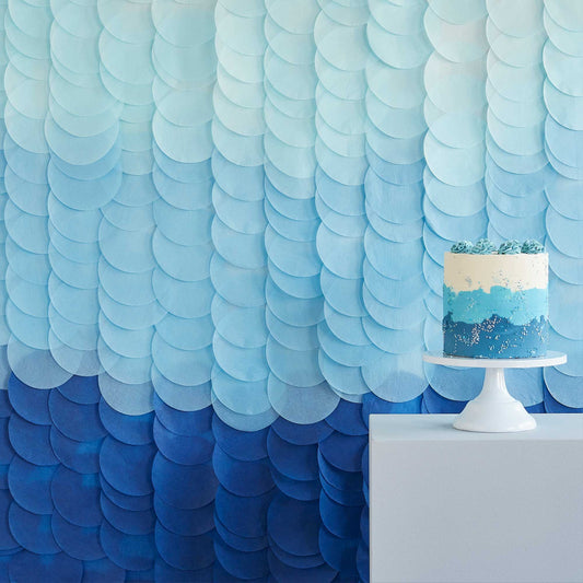 Ginger Ray blue ombre backdrop, tissue paper disc backdrop, 2m x 2m blue ombre backdrop, Ginger Ray party supplies, wall decoration backdrop, blue event backdrop, party backdrop for birthdays, baby shower wall decor, wedding photo backdrop, ombre tissue paper strands, hanging party backdrop, blue gradient backdrop, Ginger Ray event decor, photo corner backdrop, blue disc wall decoration, tissue paper party decor, 2m event backdrop, Ginger Ray tissue paper decor, party supplies Australia, hanging backdrop fo