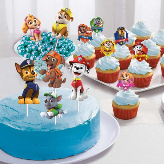 Paw Patrol Adventures cake topper kit 12-piece, Paw Patrol cake toppers, cardboard cake decorations, kids’ birthday party supplies, Paw Patrol cupcake toppers, Paw Patrol themed party décor, large and small cake toppers, cartoon character cake decorations.