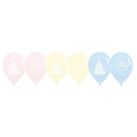 Disney Princess latex balloons, princess birthday balloons, pastel balloons, Disney Princess party, balloon pack, birthday decorations, princess castle balloons, crown print balloons, helium balloons, air fill balloons.