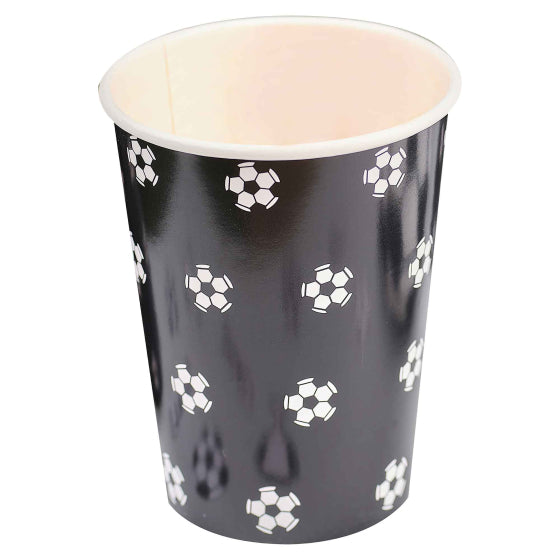 soccer party cups, kids soccer cups, disposable soccer cups, paper soccer cups, soccer themed cups, 8 pack paper cups, kids party cups, soccer party supplies
