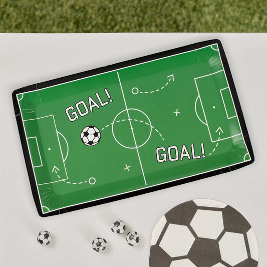 football party plates, soccer paper plates, football pitch plates, kids football birthday plates, disposable soccer plates, 17.7cm x 29.6cm plates, football-themed tableware, sports party plates