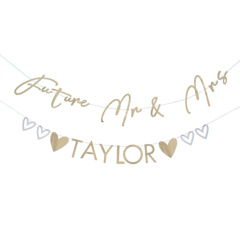 custom Mr and Mrs bunting, personalised engagement bunting, gold engagement party decorations, customisable wedding banner, engagement party decor Australia, Mr and Mrs surname banner, engagement celebration bunting, bridal shower personalised decorations, chic gold engagement decorations, custom engagement banner, stylish engagement backdrops, wedding reception bunting, elegant engagement decoration, gold and black engagement bunting, wedding name banner, engagement celebration decor, personalised party
