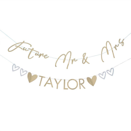 custom Mr and Mrs bunting, personalised engagement bunting, gold engagement party decorations, customisable wedding banner, engagement party decor Australia, Mr and Mrs surname banner, engagement celebration bunting, bridal shower personalised decorations, chic gold engagement decorations, custom engagement banner, stylish engagement backdrops, wedding reception bunting, elegant engagement decoration, gold and black engagement bunting, wedding name banner, engagement celebration decor, personalised party