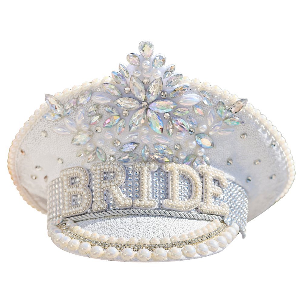 bride hat multi-coloured, embellished bride hat, hen party bride hat, rhinestone bridal hat, festival style bride hat, bachelorette accessories Australia, bride hat with gems, Instagrammable hen party hat, statement bridal hat, colourful bride hat, bride party headwear, bold bride hat, hen do party accessories, white hat with embellishments, hen night bride hat, bride to be hat Australia, bridal shower photo prop, fun bride party hat, bride costume hat, standout bride hat