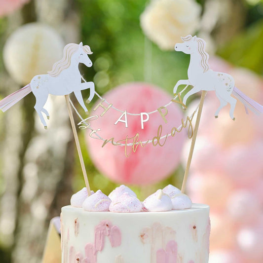 Princess party cake topper, unicorn cake topper, happy birthday cake decoration, princess-themed cake topper, unicorn party supplies, pink tassel cake topper, 15cm unicorn cake topper, wooden dowel cake topper, Amscan party decoration, kids’ birthday cake décor.