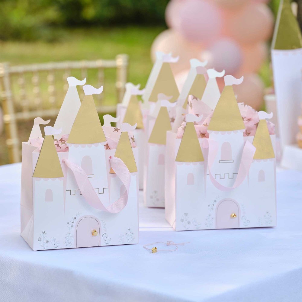 Princess Party Castle Party Bags, princess party bags, castle theme party bags, 5 pack party bags, pink star charm bracelets, fairytale party bags, royal theme party bags, princess birthday bags, party favour bags, kids party supplies, princess party decorations.