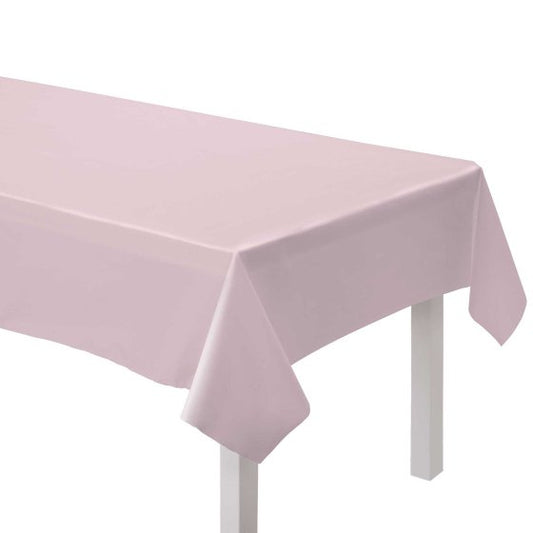  pastel pink paper tablecover, tablecloth for parties, pastel pink table setting, party decoration, rectangular table cover, birthday table cover, baby shower tablecloth, Amscan table cover, disposable table cover, party supplies.