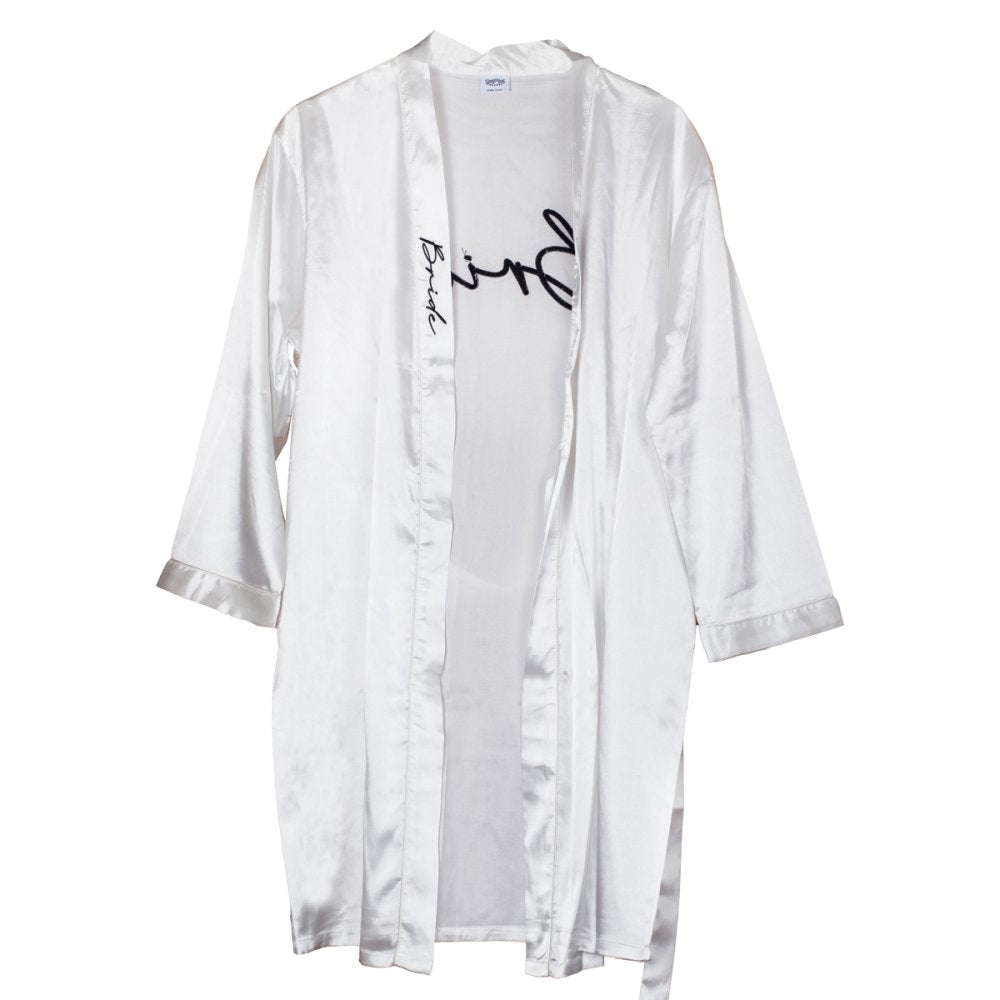 bride dressing gown, hen party robe, white bride robe Australia, embroidered bride gown, Ginger Ray dressing gown, bridal robe black embroidery, wedding morning robe, bride getting ready gown, hen party essentials, stylish bride robe, elegant bridal robe, soft white dressing gown, hen party outfit, bride robe Australia, bride robe one size, bachelorette party gown, Ginger Ray Australia stockist, bridal shower robe, bride to be robe, wedding prep robe, Carseldine party supplies