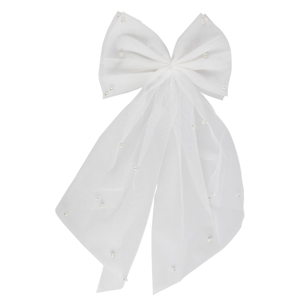 white pearl hair bow, bridal hair accessory, tulle hair bow for bride, hen party hair clip, pearl embellished bow, white wedding hair bow, elegant bride hair accessory, bride to be tulle bow, long white bridal bow, bachelorette hair clip Australia, bride pearl hair accessory, subtle bride party wear, bridal shower hair bow, hen night hair accessory, tulle and pearl bow clip, white bow for bride, DIY bride hairstyle accessory, bridal hair decorations Australia, stylish bride hair bow, soft wedding hairpiece
