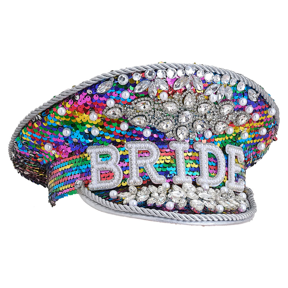 bride hat multi-coloured, embellished bride hat, hen party bride hat, rhinestone bridal hat, festival style bride hat, bachelorette accessories Australia, bride hat with gems, Instagrammable hen party hat, statement bridal hat, colourful bride hat, bride party headwear, bold bride hat, hen do party accessories, white hat with embellishments, hen night bride hat, bride to be hat Australia, bridal shower photo prop, fun bride party hat, bride costume hat, standout bride hat