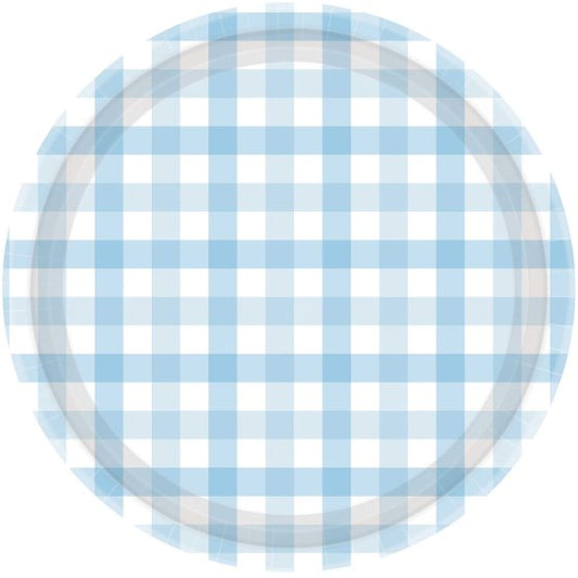Amscan gingham paper plates, pastel blue paper plates, round paper plates, picnic plates, party plates, blue disposable plates, 23cm plates, 17cm plates, blue gingham plates, birthday party supplies, picnic party supplies, kids' party tableware, disposable plates for events, gingham paper plates Australia, pastel blue paper plates for birthdays, lightweight party plates, Amscan tableware, blue picnic plates, 8-pack gingham plates, gingham design disposable plates.