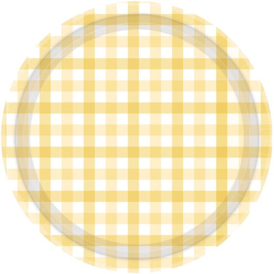 Amscan gingham paper plates, pastel yellow paper plates, round paper plates, picnic plates, party plates, yellow disposable plates, 23cm plates, 17cm plates, yellow gingham plates, birthday party supplies, picnic party supplies, kids' party tableware, disposable plates for events, gingham paper plates Australia, pastel yellow paper plates for birthdays, lightweight party plates, Amscan tableware, yellow picnic plates, 8-pack gingham plates, gingham design disposable plates.