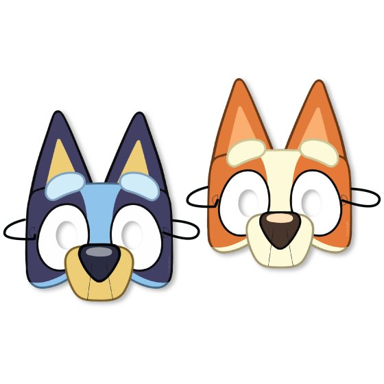 Bluey paper masks, Bluey kids' party masks, 8-pack paper masks, Bluey dress-up accessories, Bluey birthday party supplies, child-size Bluey masks, 17.4cm x 16.2cm Bluey masks, paper masks for kids, Bluey role-play masks, cartoon character masks, kids' costume accessories, Bluey party decorations, Bluey party favours, Bluey-themed party supplies, Bluey and Bingo masks, fun party dress-up masks, Bluey costume accessories, kids' party entertainment, Bluey mask set, Bluey masks for kids' birthdays.