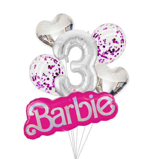 Barbie-themed balloon bouquet with number 3 and pink 'Barbie' text on a white background. barbie number balloon set, barbie birthday balloons, barbie logo balloon, barbie party decorations, silver number balloon, barbie balloon bundle, barbie heart foil balloons, barbie confetti balloons, barbie themed birthday balloons, kids barbie party supplies, barbie milestone balloons, barbie balloons australia, pink metallic confetti balloons, barbie party pack, barbie foil balloon set, barbie birthday décor.