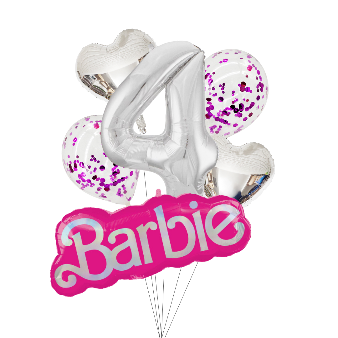Barbie-themed balloon bouquet with number 4 and pink 'Barbie' logo on a white background. barbie number balloon set, barbie birthday balloons, barbie logo balloon, barbie party decorations, silver number balloon, barbie balloon bundle, barbie heart foil balloons, barbie confetti balloons, barbie themed birthday balloons, kids barbie party supplies, barbie milestone balloons, barbie balloons australia, pink metallic confetti balloons, barbie party pack, barbie foil balloon set, barbie birthday décor.