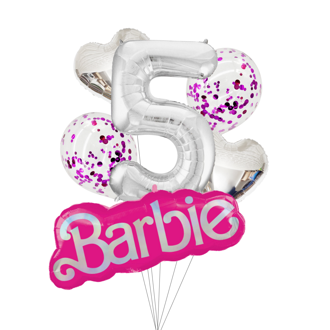 Barbie-themed balloons with number '5' and pink 'Barbie' logo on a white background. barbie number balloon set, barbie birthday balloons, barbie logo balloon, barbie party decorations, silver number balloon, barbie balloon bundle, barbie heart foil balloons, barbie confetti balloons, barbie themed birthday balloons, kids barbie party supplies, barbie milestone balloons, barbie balloons australia, pink metallic confetti balloons, barbie party pack, barbie foil balloon set, barbie birthday décor, barbie ballo