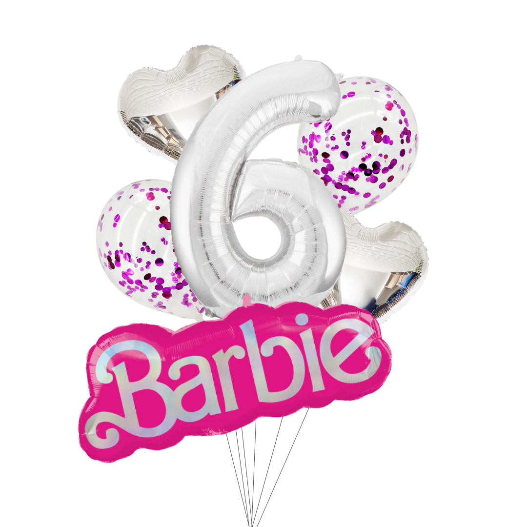 Barbie-themed balloon bouquet with number 6 and pink 'Barbie' logo on a white background. barbie number balloon set, barbie birthday balloons, barbie logo balloon, barbie party decorations, silver number balloon, barbie balloon bundle, barbie heart foil balloons, barbie confetti balloons, barbie themed birthday balloons, kids barbie party supplies, barbie milestone balloons, barbie balloons australia, pink metallic confetti balloons, barbie party pack, barbie foil balloon set, barbie birthday décor.