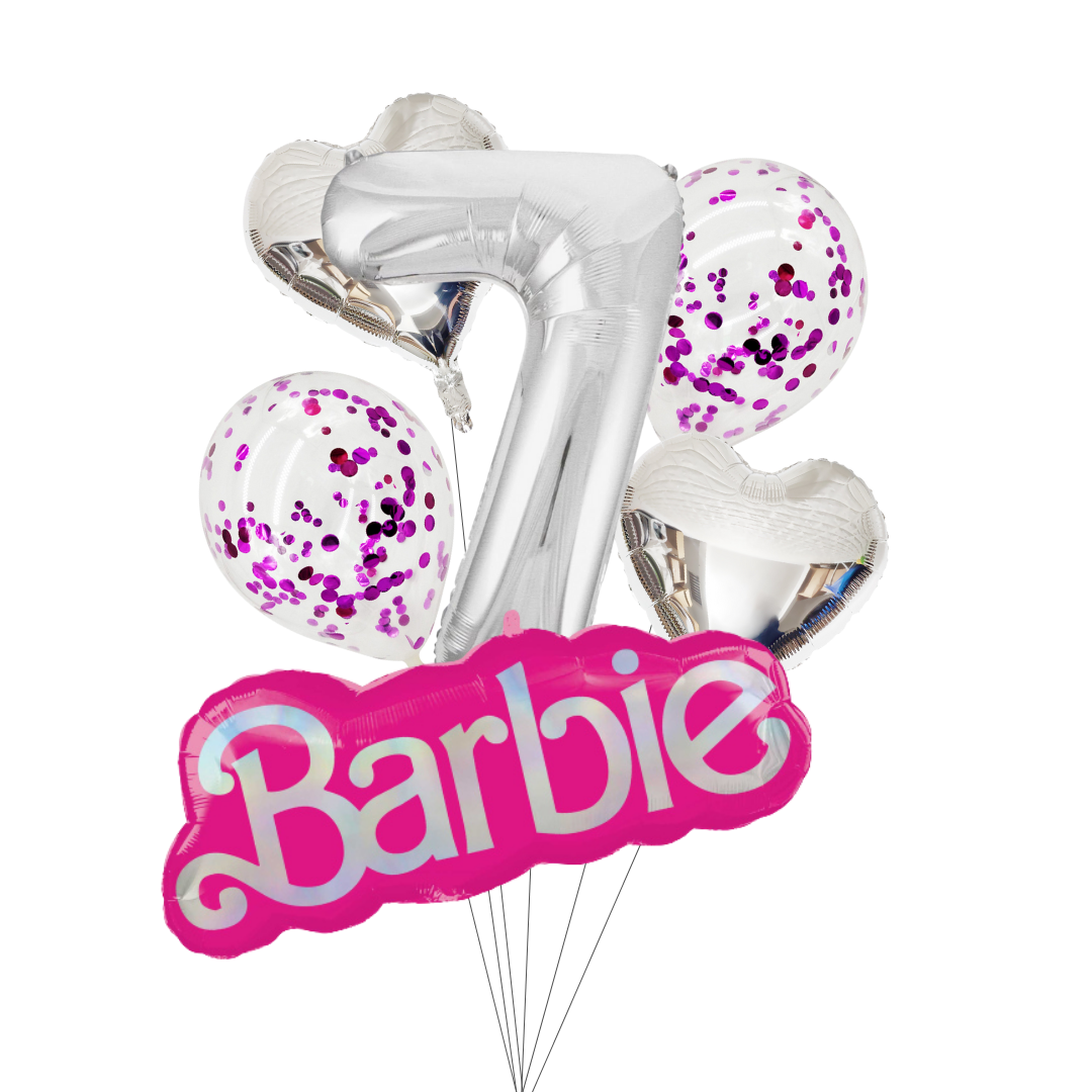 Barbie-themed balloon bouquet with pink and silver balloons on a white background. barbie number balloon set, barbie birthday balloons, barbie logo balloon, barbie party decorations, silver number balloon, barbie balloon bundle, barbie heart foil balloons, barbie confetti balloons, barbie themed birthday balloons, kids barbie party supplies, barbie milestone balloons, barbie balloons australia, pink metallic confetti balloons, barbie party pack, barbie foil balloon set, barbie birthday décor, barbie balloon