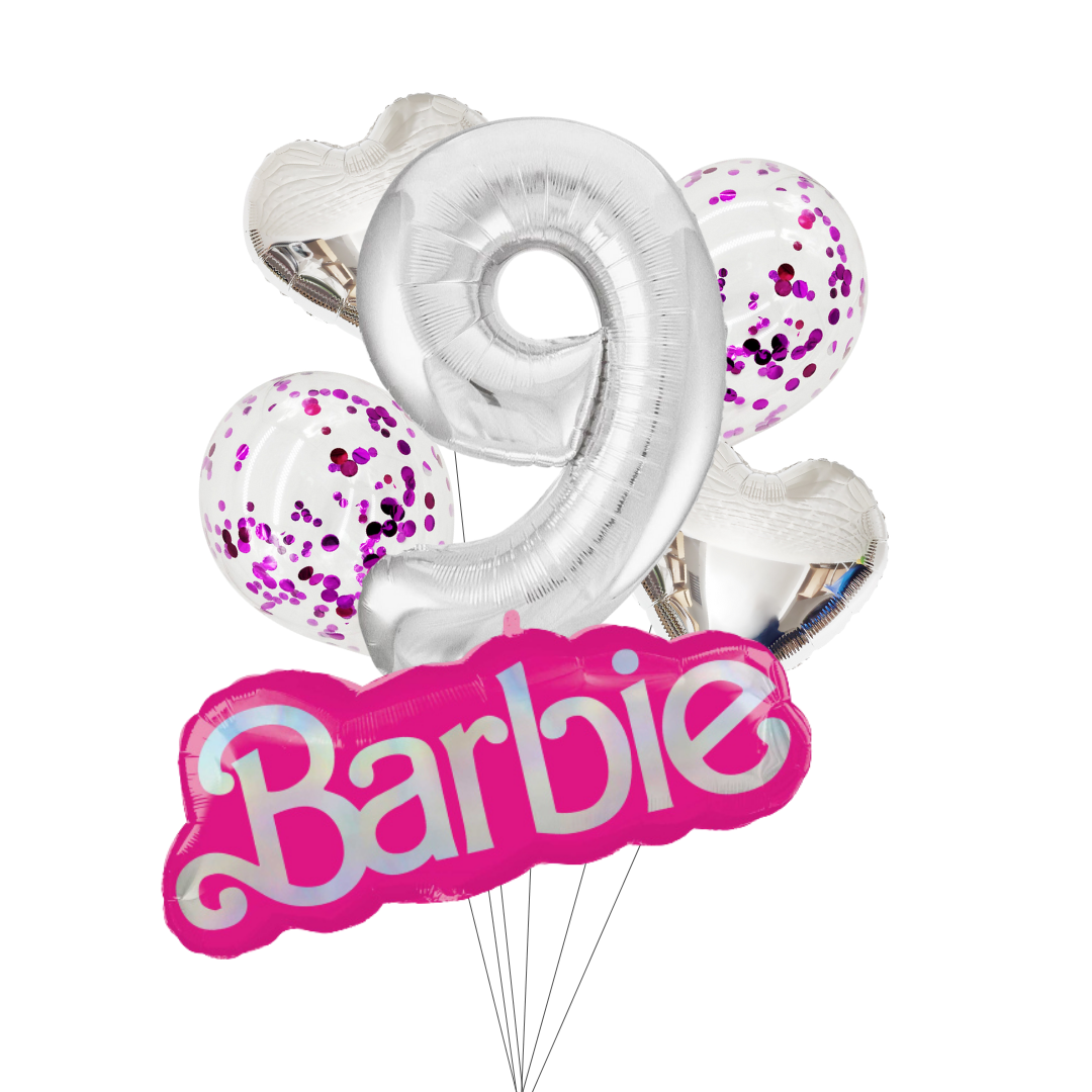Barbie-themed balloon bouquet with number 9 and pink 'Barbie' logo on a white background. barbie number balloon set, barbie birthday balloons, barbie logo balloon, barbie party decorations, silver number balloon, barbie balloon bundle, barbie heart foil balloons, barbie confetti balloons, barbie themed birthday balloons, kids barbie party supplies, barbie milestone balloons, barbie balloons australia, pink metallic confetti balloons, barbie party pack, barbie foil balloon set, barbie birthday décor.