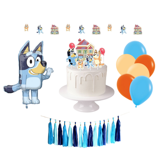 Bluey party decoration kit with balloons, banners and table décor for kids’ birthday celebration