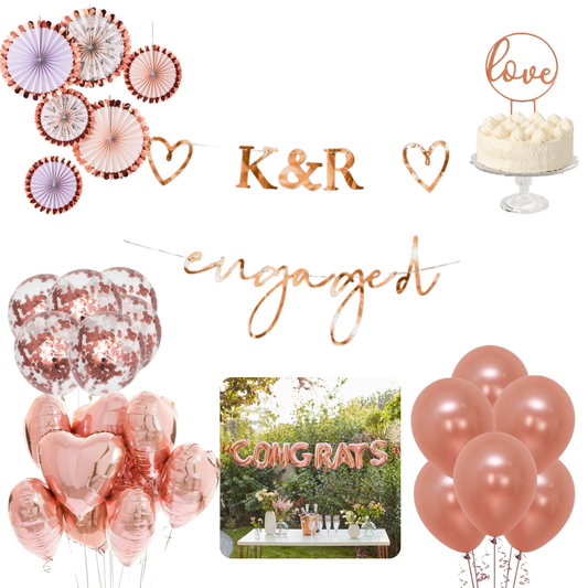 Engagement rose gold party bundle. rose gold engagement decorations, engagement party bundle rose gold, rose gold balloons Australia, engagement balloon arch rose gold, rose gold bunting personalised, bridal shower decorations rose gold, rose gold confetti balloons, rose gold heart foil balloons, wedding engagement décor, engagement party supplies Brisbane, rose gold party decorations Australia, rose gold engagement party kit, engagement backdrop rose gold, stylish engagement party bundle, rose gold cake 