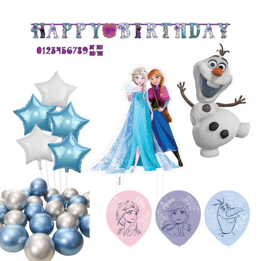 Frozen party bundle with balloons, banner, cake kit and table décor for kids’ birthday celebration