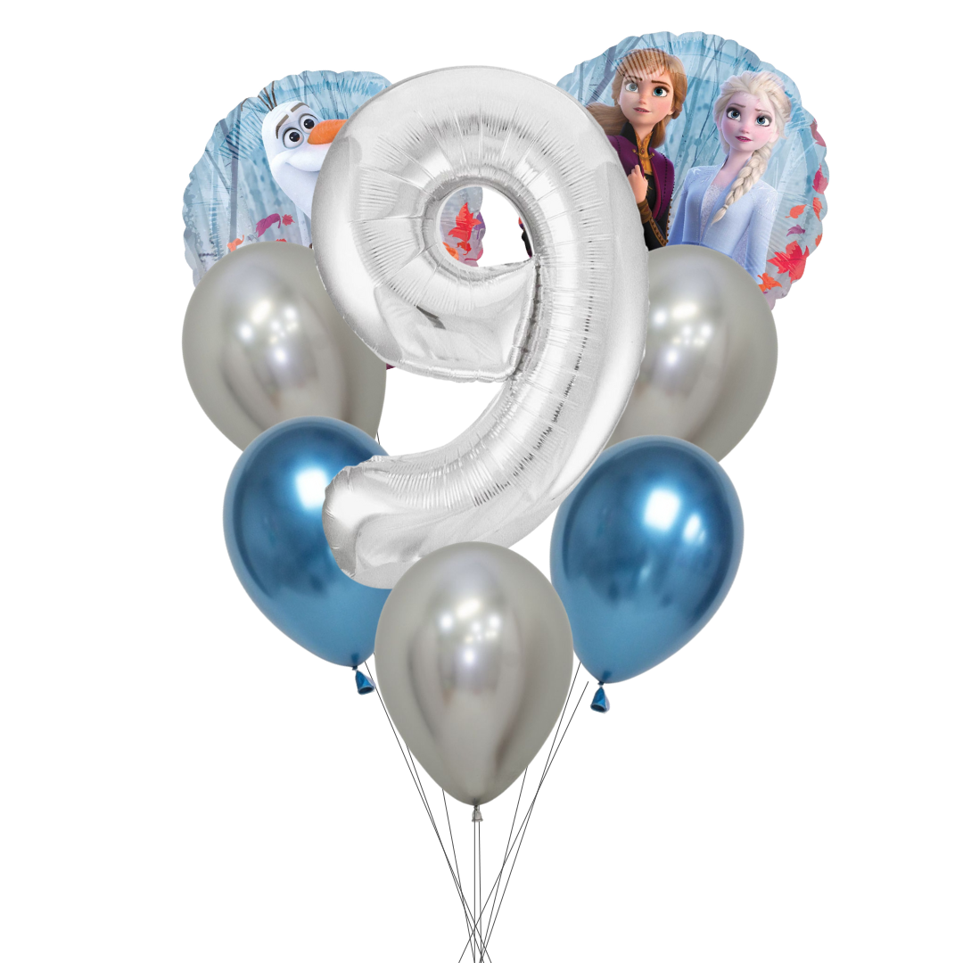 Balloon bouquet featuring characters from 'Frozen' on a white background. frozen number balloon set, frozen birthday balloons, anna and elsa balloons, olaf balloon, frozen party decorations, disney frozen balloons, frozen 2 balloon pack, silver number balloon, frozen theme party supplies, girls birthday balloons, frozen milestone balloon set, frozen latex balloons, metallic blue balloons frozen, helium frozen balloons, kids birthday balloons frozen, frozen balloons australia, frozen birthday party décor.