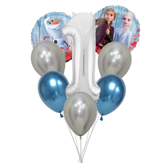 Balloon bouquet featuring characters from 'Frozen' on a white background. frozen number balloon set, frozen birthday balloons, anna and elsa balloons, olaf balloon, frozen party decorations, disney frozen balloons, frozen 2 balloon pack, silver number balloon, frozen theme party supplies, girls birthday balloons, frozen milestone balloon set, frozen latex balloons, metallic blue balloons frozen, helium frozen balloons, kids birthday balloons frozen, frozen balloons australia, frozen birthday party décor.