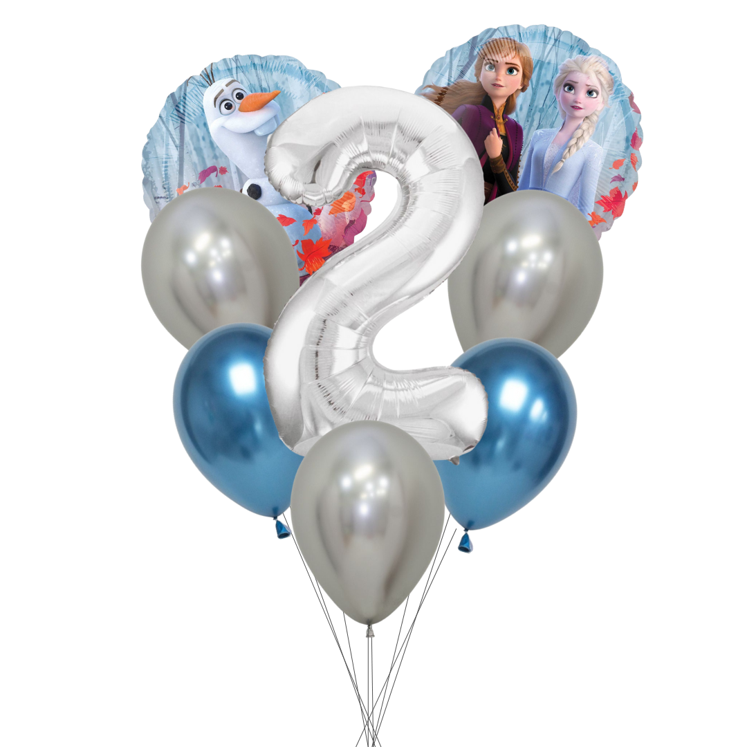 Balloon bouquet featuring characters from 'Frozen' on a white background. frozen number balloon set, frozen birthday balloons, anna and elsa balloons, olaf balloon, frozen party decorations, disney frozen balloons, frozen 2 balloon pack, silver number balloon, frozen theme party supplies, girls birthday balloons, frozen milestone balloon set, frozen latex balloons, metallic blue balloons frozen, helium frozen balloons, kids birthday balloons frozen, frozen balloons australia, frozen birthday party décor.