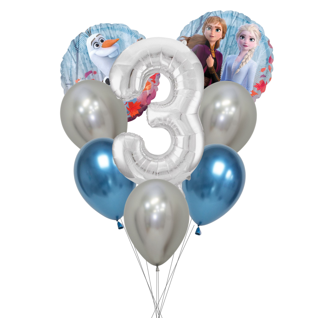 Balloon bouquet featuring characters from 'Frozen' on a white background. frozen number balloon set, frozen birthday balloons, anna and elsa balloons, olaf balloon, frozen party decorations, disney frozen balloons, frozen 2 balloon pack, silver number balloon, frozen theme party supplies, girls birthday balloons, frozen milestone balloon set, frozen latex balloons, metallic blue balloons frozen, helium frozen balloons, kids birthday balloons frozen, frozen balloons australia, frozen birthday party décor.