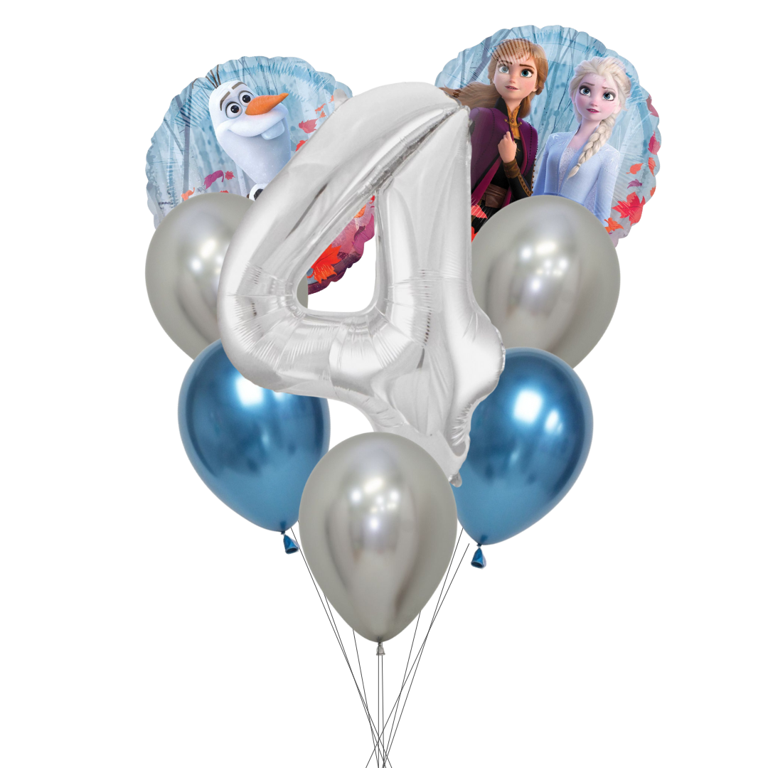 Balloon bouquet featuring characters from 'Frozen' on a white background. frozen number balloon set, frozen birthday balloons, anna and elsa balloons, olaf balloon, frozen party decorations, disney frozen balloons, frozen 2 balloon pack, silver number balloon, frozen theme party supplies, girls birthday balloons, frozen milestone balloon set, frozen latex balloons, metallic blue balloons frozen, helium frozen balloons, kids birthday balloons frozen, frozen balloons australia, frozen birthday party décor.