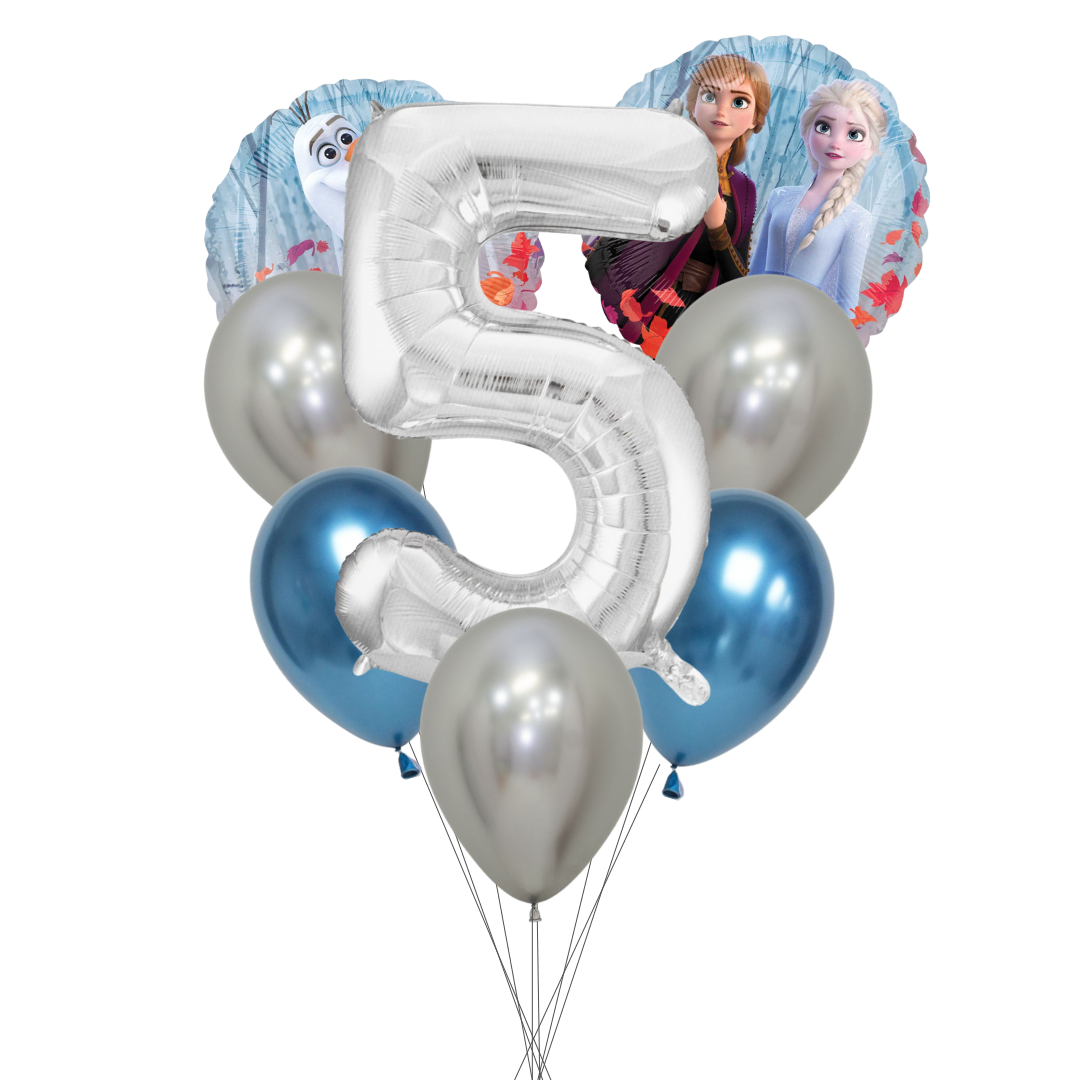Balloon bouquet featuring characters from 'Frozen' on a white background. frozen number balloon set, frozen birthday balloons, anna and elsa balloons, olaf balloon, frozen party decorations, disney frozen balloons, frozen 2 balloon pack, silver number balloon, frozen theme party supplies, girls birthday balloons, frozen milestone balloon set, frozen latex balloons, metallic blue balloons frozen, helium frozen balloons, kids birthday balloons frozen, frozen balloons australia, frozen birthday party décor.