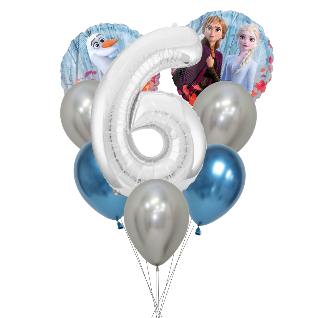 Balloon bouquet featuring characters from 'Frozen' on a white background. frozen number balloon set, frozen birthday balloons, anna and elsa balloons, olaf balloon, frozen party decorations, disney frozen balloons, frozen 2 balloon pack, silver number balloon, frozen theme party supplies, girls birthday balloons, frozen milestone balloon set, frozen latex balloons, metallic blue balloons frozen, helium frozen balloons, kids birthday balloons frozen, frozen balloons australia, frozen birthday party décor.