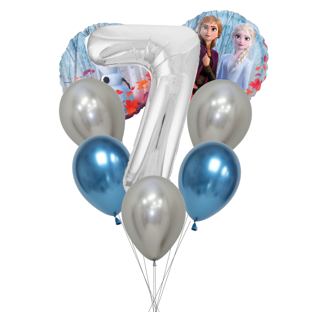 Balloon bouquet featuring characters from 'Frozen' on a white background. frozen number balloon set, frozen birthday balloons, anna and elsa balloons, olaf balloon, frozen party decorations, disney frozen balloons, frozen 2 balloon pack, silver number balloon, frozen theme party supplies, girls birthday balloons, frozen milestone balloon set, frozen latex balloons, metallic blue balloons frozen, helium frozen balloons, kids birthday balloons frozen, frozen balloons australia, frozen birthday party décor.