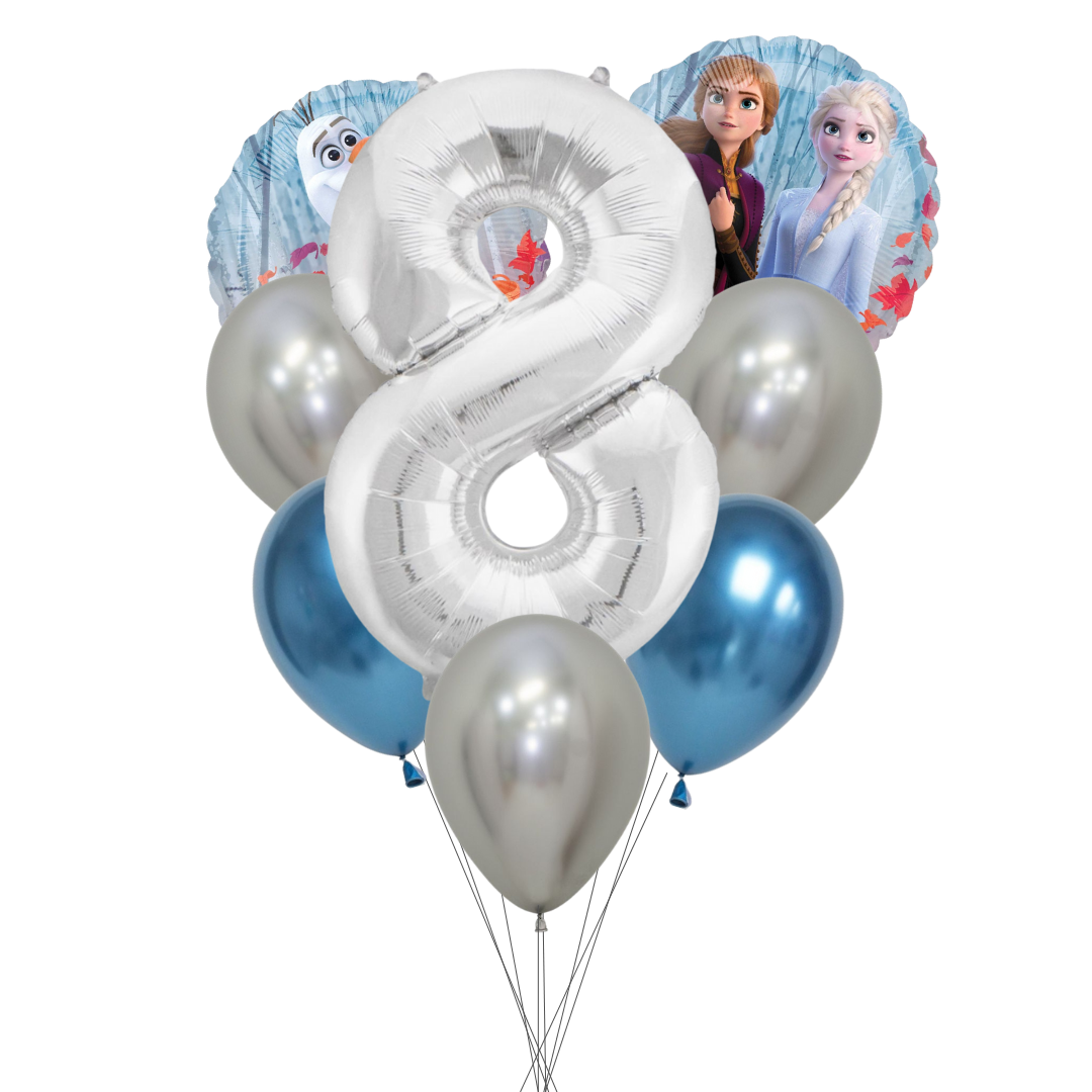 Balloon bouquet featuring characters from 'Frozen' on a white background. frozen number balloon set, frozen birthday balloons, anna and elsa balloons, olaf balloon, frozen party decorations, disney frozen balloons, frozen 2 balloon pack, silver number balloon, frozen theme party supplies, girls birthday balloons, frozen milestone balloon set, frozen latex balloons, metallic blue balloons frozen, helium frozen balloons, kids birthday balloons frozen, frozen balloons australia, frozen birthday party décor.