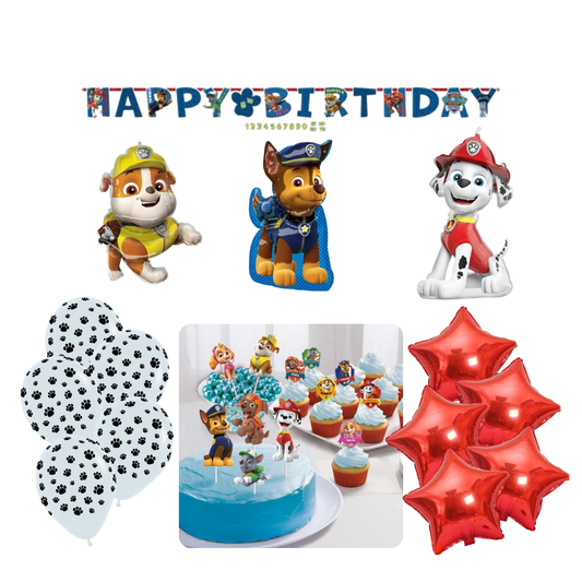 Paw Patrol Mega Party Bundle with balloons, banner, cake kit and table décor for kids’ birthday celebration