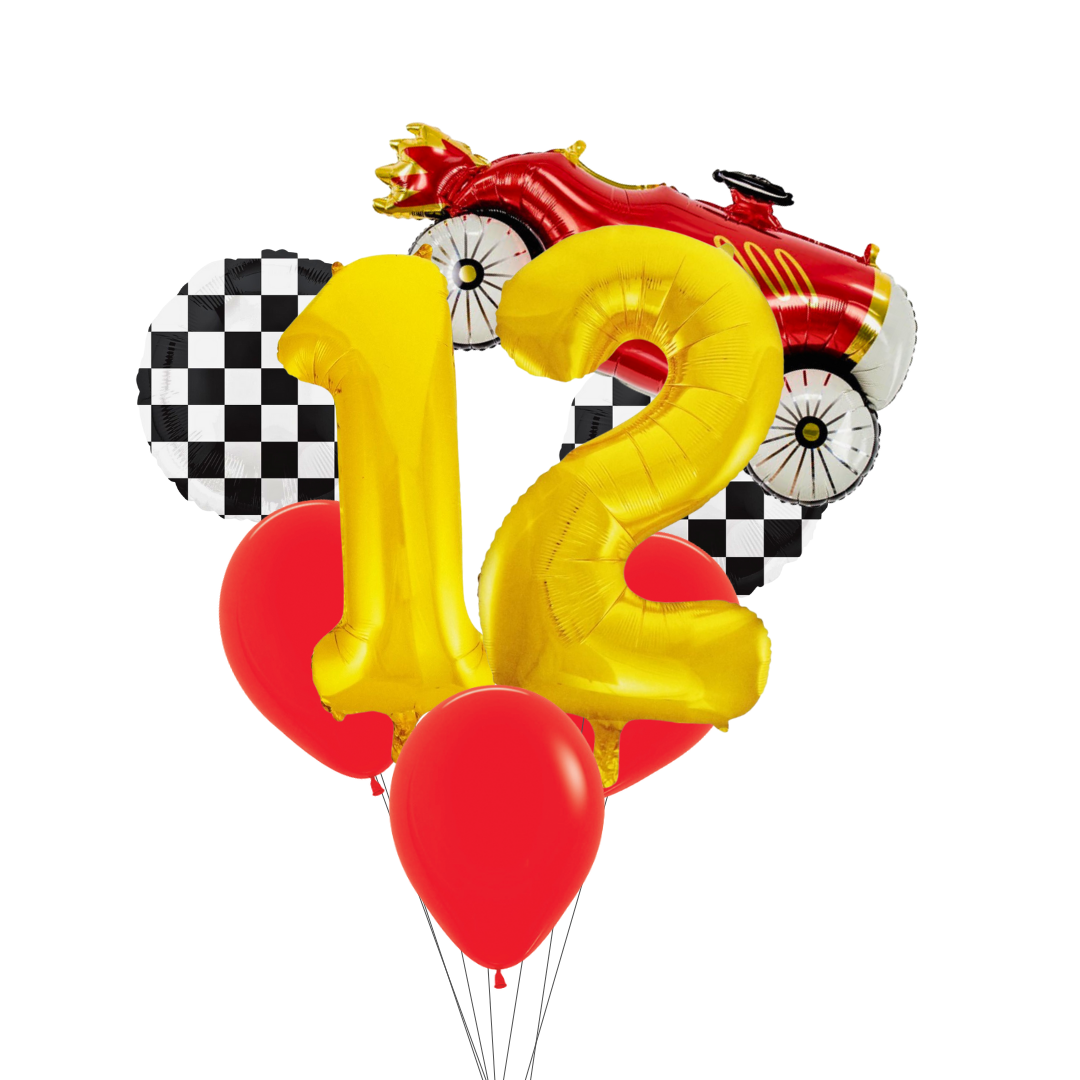 Race Car Balloon Set– Red Car, Checkerboard & Number Balloons