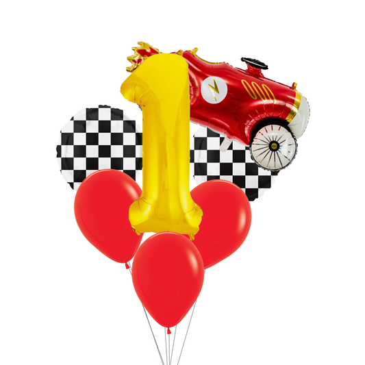 Race Car Balloon Set– Red Car, Checkerboard & Number Balloons