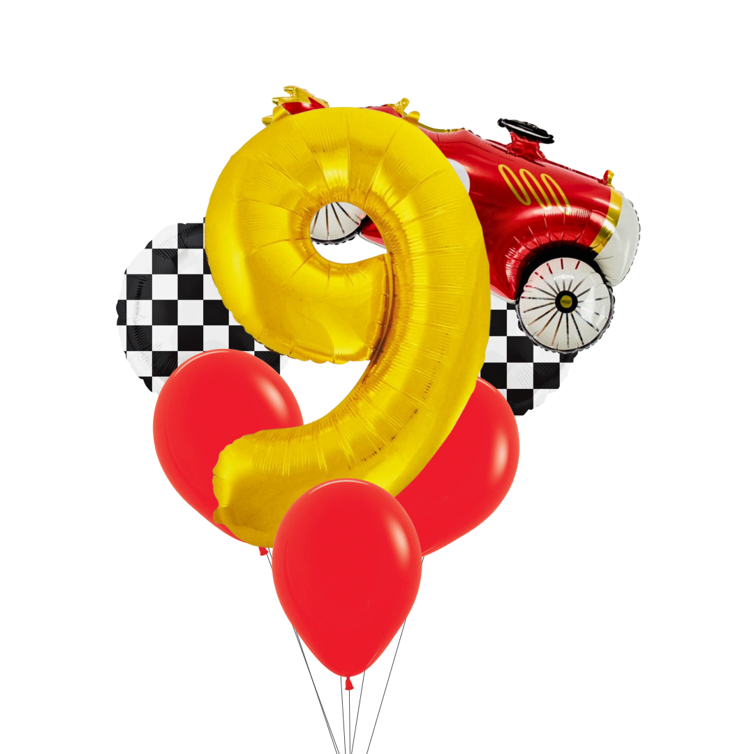 Race Car Balloon Set– Red Car, Checkerboard & Number Balloons
