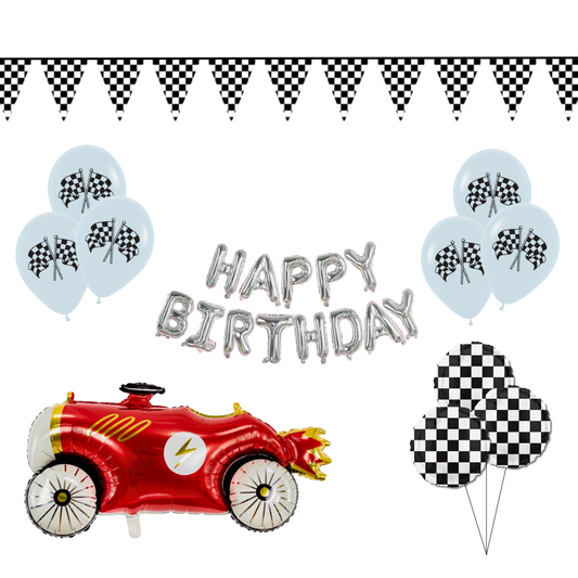 Birthday balloon set with red car, checkered flags, and 'Happy Birthday' text on a white background.