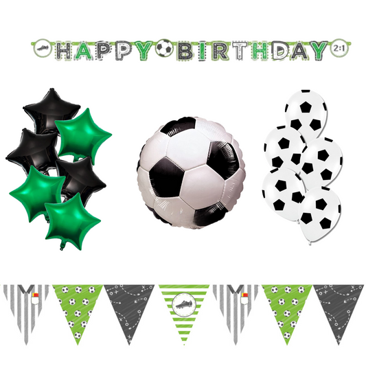 Soccer party decoration bundle with balloons, banner, cake kit and table décor for kids’ birthday celebration