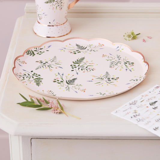 floral paper plates, foiled paper plates, tea party plates, scalloped paper plates, floral party plates, afternoon tea plates, decorative paper plates, paper plates for tea parties, garden party plates, bridal shower plates, party plates with floral design, elegant paper plates, floral themed party supplies, scalloped edge plates, 8 pack paper plates, elegant tableware for parties, stylish paper plates, eco-friendly paper plates, foil paper plates, delicate foliage plates, party plates for celebrations.