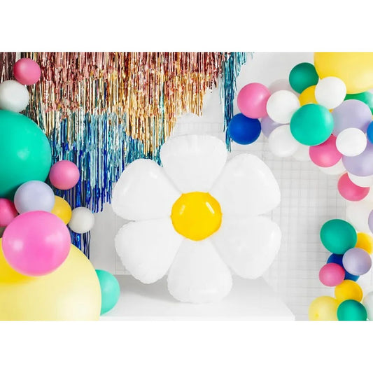 Glossy white daisy foil balloon, yellow daisy foil balloon, supershape flower balloon, large daisy balloon, 97cm x 103cm balloon, daisy party balloon, foil balloon for spring events, floral party balloon, yellow and white foil balloon, birthday party balloon, springtime celebration decoration, daisy-shaped foil balloon, floral party decoration, helium daisy balloon, flower-shaped foil balloon, supershape floral balloon, daisy themed balloon, giant daisy balloon, yellow flower balloon, party decorations with