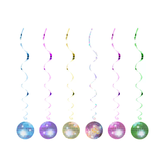 Disco ball swirl decorations, 70s party decorations, Studio 54 party decor, multicoloured foil swirls, 60 cm hanging party decorations, disco ball ceiling hangers, 14.5 cm mirrorball swirls, retro party decor, 70s disco-themed event supplies, party room ceiling decorations, vibrant disco ball swirls, multicolour hanging swirls, party ceiling decorations.