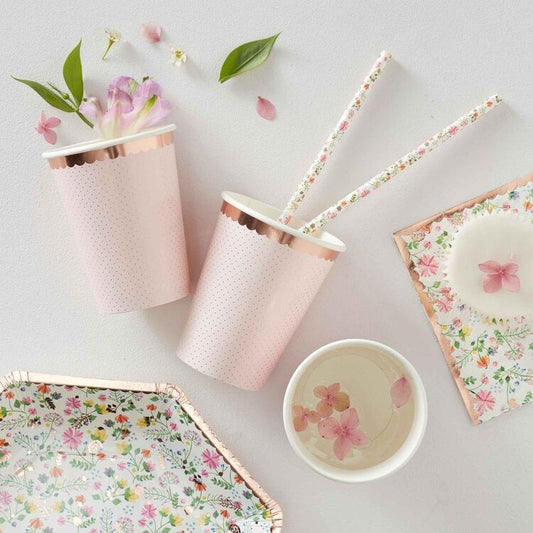 Ginger Ray Ditsy Floral Paper Cups, pink paper cups, rose gold paper cups, floral theme cups, disposable party cups, 8 pack party cups, baby shower cups, birthday party cups, pink and rose gold cups, floral disposable cups, elegant party cups.